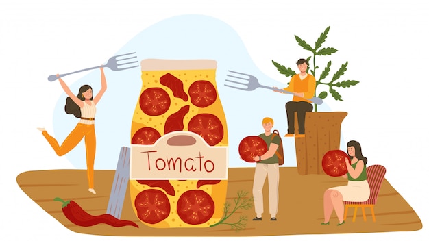 Kleine mensen openden een enorme pot met gedroogde tomaten, illustratie