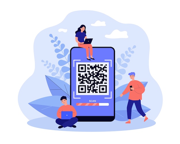 Vector kleine mensen scannen qr-code