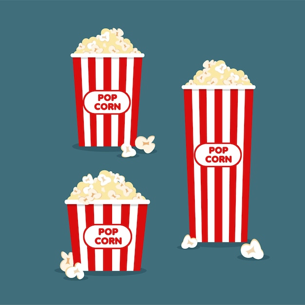 Kleine, middelgrote en grote popcorn in klassiek gestreepte rood-witte kartonnen doos in cartoonstijl.