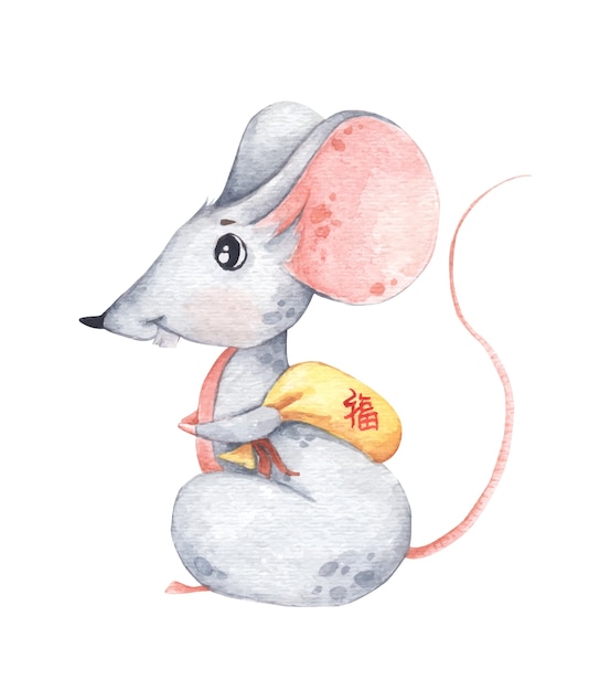 Kleine muis met kleine gele zak, dierenriemsymbool van het nieuwe jaar. Chinees vertalen Good Luck. Aquarel illustratie.