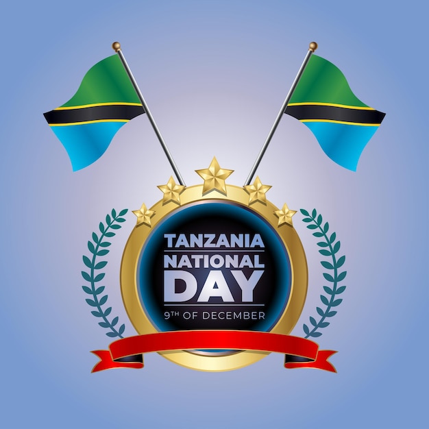 Kleine nationale vlag van Tanzania op cirkel met blauwe garadasi achtergrond.