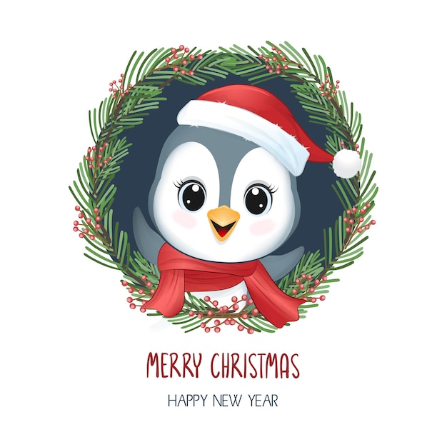 Kleine pinguïn en kerstkrans Kerstmis en Nieuwjaar