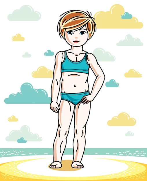 Kleine roodharige meisje schattig kind staan op het strand in bikini. Vector aantrekkelijke kind illustratie.