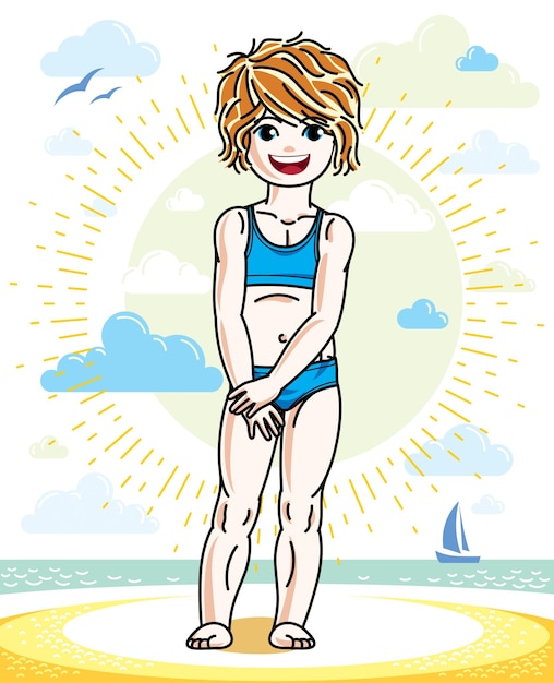 Kleine roodharige meisjespeuter die op zonnig strand staat en een zwempak draagt. Kid vectorillustratie. Thema zomervakantie.