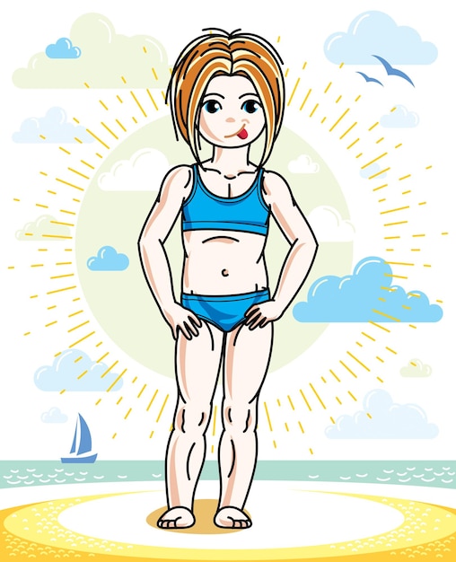 Vector kleine roodharige meisjespeuter die op zonnig strand staat en een zwempak draagt. kid vectorillustratie. thema zomervakantie.