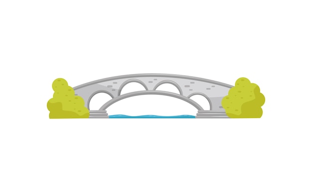 Kleine stenen boogbrug blauw water en groene struiken Wandelpad over de rivier Landschapselement voor stadspark Cartoon-stijl illustratie Kleurrijk vlak vectorontwerp geïsoleerd op witte achtergrond