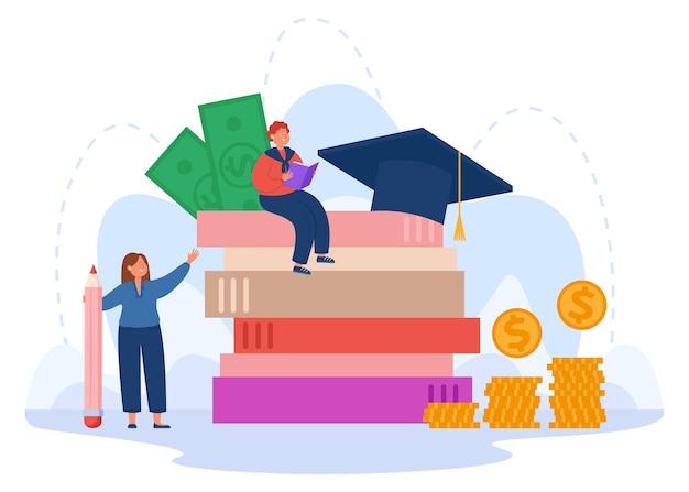 Kleine student met beurs zittend op boeken. Studieleningen, betalen van school-, hogeschool- of universiteitskosten platte vectorillustratie. Onderwijs, financiën, economieconcept voor banner voor banner