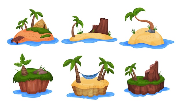 Kleine tropische eilanden met palmbomen of kokosnoten kleine huizen en hangmatten bij de zee of oceaan afgelegen plaats eenzaamheid concept Vector illustratie set cartoon personage geïsoleerde witte achtergrond