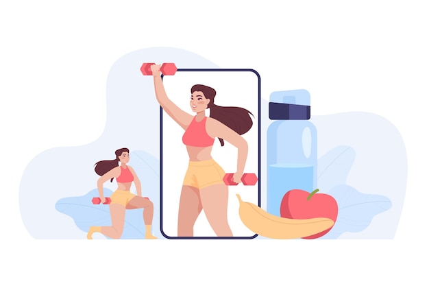 Vector kleine vrouw die oefeningen doet met behulp van de fitness-app op een enorme telefoon