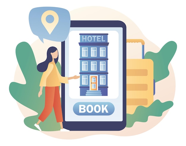 Vector kleine vrouw zoekt, kiest en reserveert hotel of appartement in smartphone-app. hotel online boeken