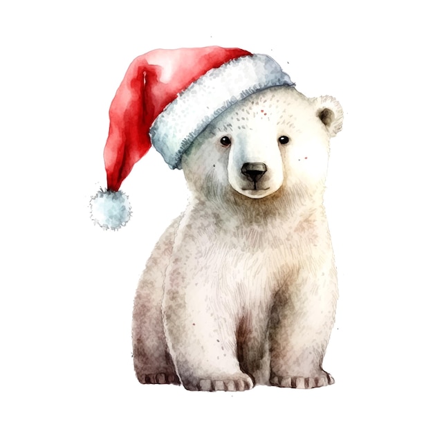 Kleine witte beer kerstmis met rode hoed aquarel Kerst briefkaart Baby briefkaart Gelukkig nieuwjaar