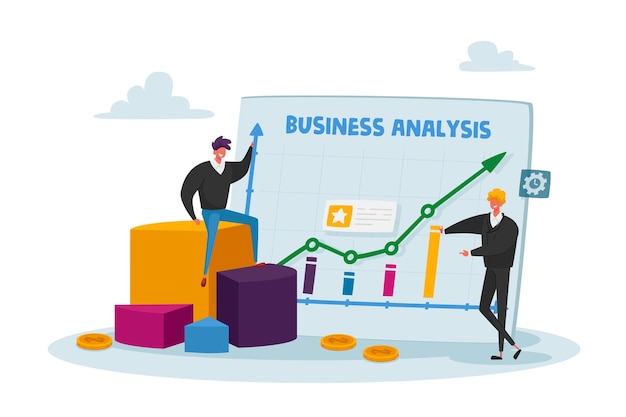 Kleine zakelijke karakters staan rond enorme analytics-grafiek