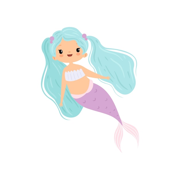 Kleine zeemeermin met prachtig turquoise haar schattig zee prinses karakter vector illustratie