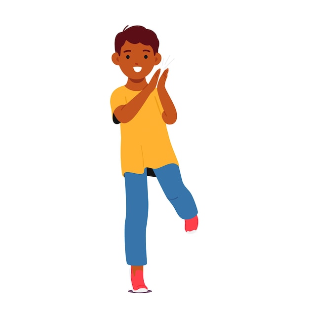 Kleine zwarte jongen karakter klapt jong kind vreugdevol klapt in zijn kleine handen zijn gezicht verlicht van vreugde en viert een eenvoudig moment van geluk met vreugde en opwinding Cartoon vectorillustratie