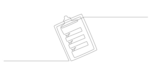 Klembord met checklist met klembord in één doorlopende lijntekening Takenlijst met teken en concepttestexpertise en examen in eenvoudige lineaire stijl Bewerkbare lijn Doodle vectorillustratie