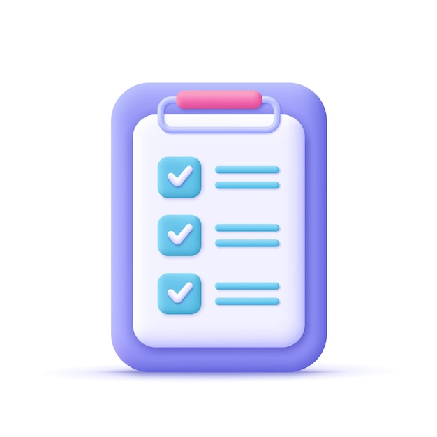Vector klembord met checklist todo checklist zakelijk onderwijs taakbeheer en productiviteit concept 3d-vector pictogram cartoon minimalistische stijl