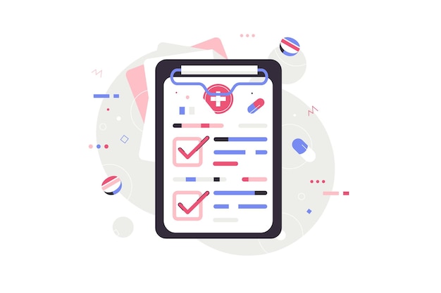 Klembord met checklist voor medisch rapport. medisch receptblok. klinisch dossier. vector.