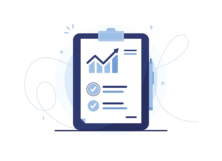 Vector klembord vectorillustratie van analyse lijst met pen. document met een verkoopschema. statistieken, stijging. verkoopcurve. rapport blad. blauwe notebook, tablet. vinkje
