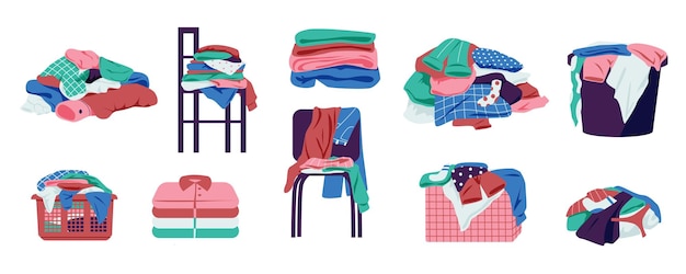 Vector kleren in stapels en stapels vuile wasbundel rommelige stapels kleding karwei van wassen en drogen vector rommelige was illustratie huishoudelijke klusjes manden en stoelen met kleding