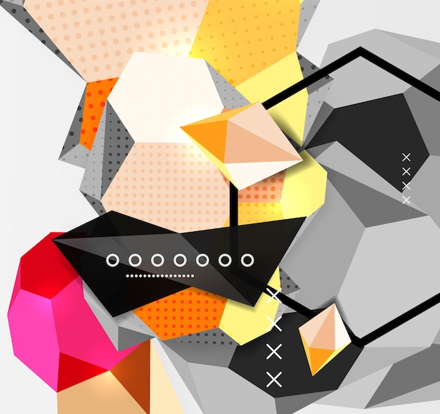 Kleur 3d geometrische compositie poster Vector illustratie van kleurrijke driehoeken piramides zeshoeken en andere vormen op grijze achtergrond