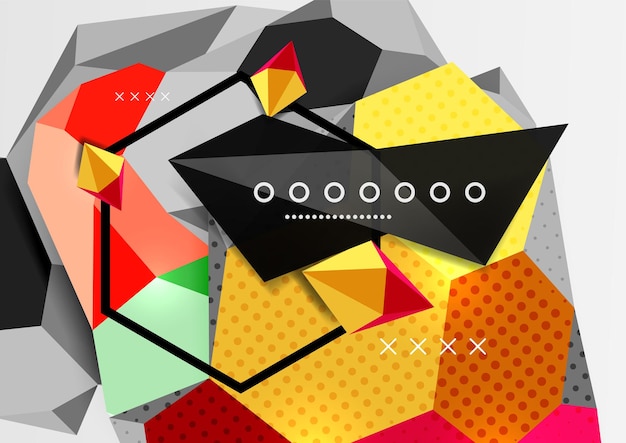 Kleur 3d geometrische compositie poster Vector illustratie van kleurrijke driehoeken piramides zeshoeken en andere vormen op grijze achtergrond