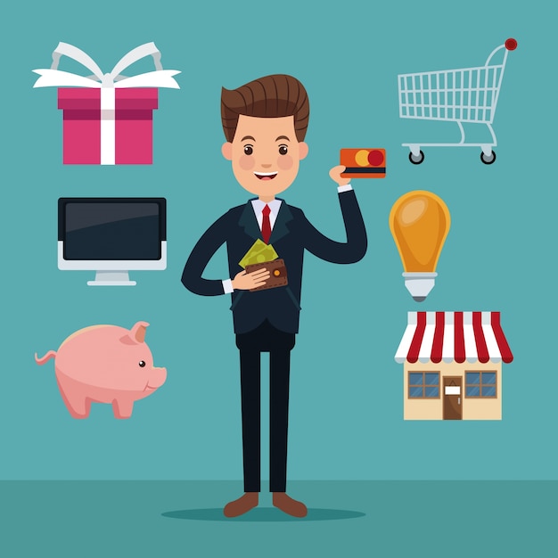 kleur achtergrond van uitvoerende man met pictogrammen elementen van investeringen en winkelen