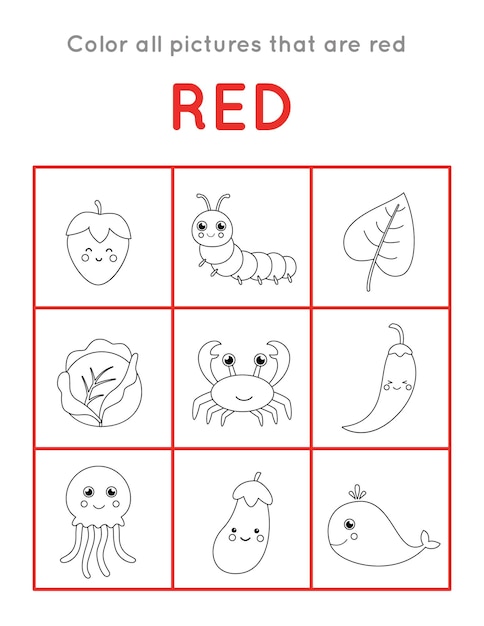 Vector kleur alle objecten die rood zijn. educatief kleurenspel voor kinderen.