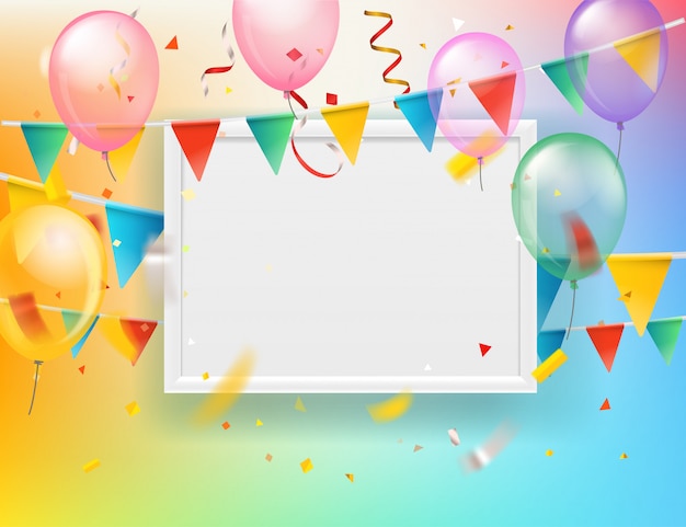 Vector kleur ballons en vlaggen en confetti met lege witte frame wenskaart