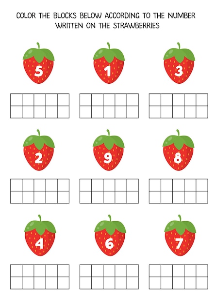 Kleur de onderstaande blokken volgens het nummer op het Aardbeien Rekenblad voor kinderen