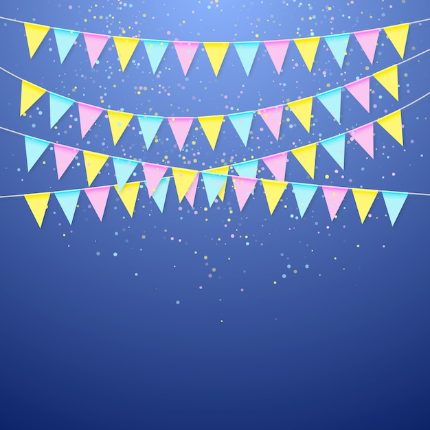 Kleur festival driehoekige vlaggenkrans. Decoratiebanner voor verjaardagsvakantie, festival, carnaval en jubileum. Kleurrijke vlaggen met confetti. illustratie op blauwe achtergrond