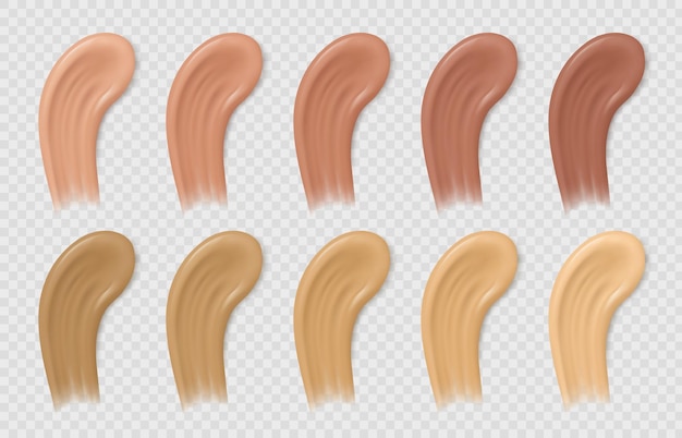 Kleur foundation vlekken. vloeibare beige en bruine concealertinten. realistische cosmetische crèmebasisstalen. make-up monsters vector set. illustratie smudge base foundation, concealer uitstrijkje bruin