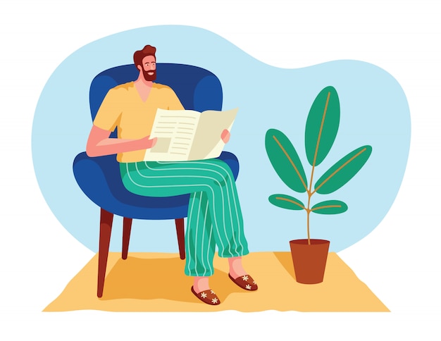 Kleur geïsoleerde illustratie in een vlakke stijl. Een man leest thuis een krant. Een man zit in een fauteuil en leest het nieuws. Man in het interieur