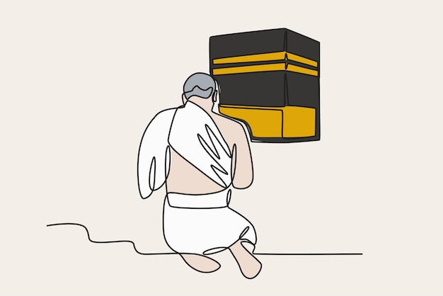 Vector kleur illustratie van een man die voor de kaaba zit te bidden hajj online tekening