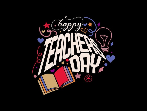 Kleur kalligrafie brief ontwerpconcept van Happy docenten dag met decoratieve doodle viering ontwerp voor felicitatie kaarten banners en flyers
