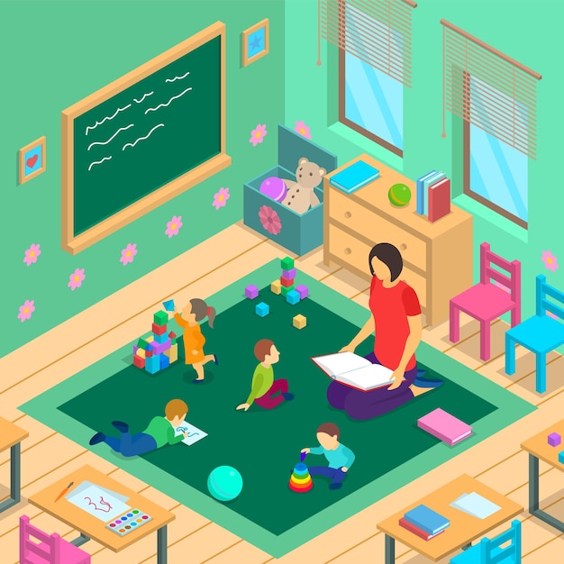 Kleur Karakters Mensen en kleuterschool Interieur Binnen Concept 3d Isometrische weergave Vector