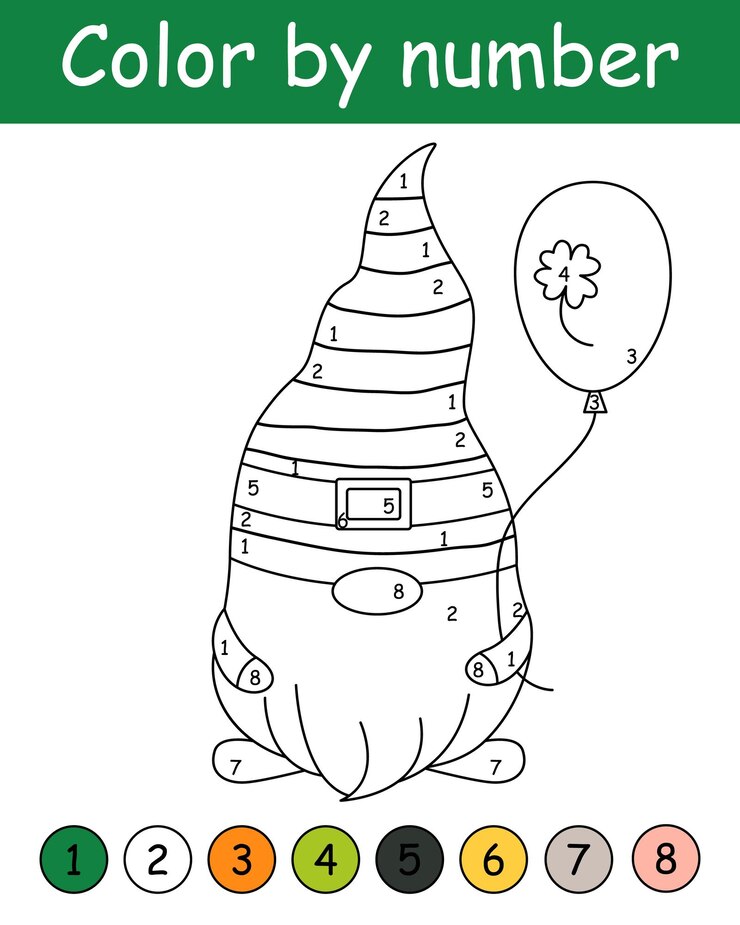 Kleur op nummer spel voor kinderen Leuke kabouter met ballon St Patrick's Day kleurboek Afdrukbaar werkblad met oplossing voor school en kleuterschool Leer getallen activiteit