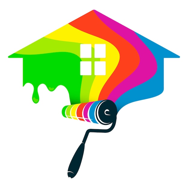 Kleur silhouet van huis en schilders roller Ontwerp voor huisschilder en schilderen