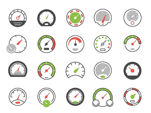 Kleur snelheidsmeter pictogrammen snelheidsmeter symbool en download indicator vector geïsoleerde set