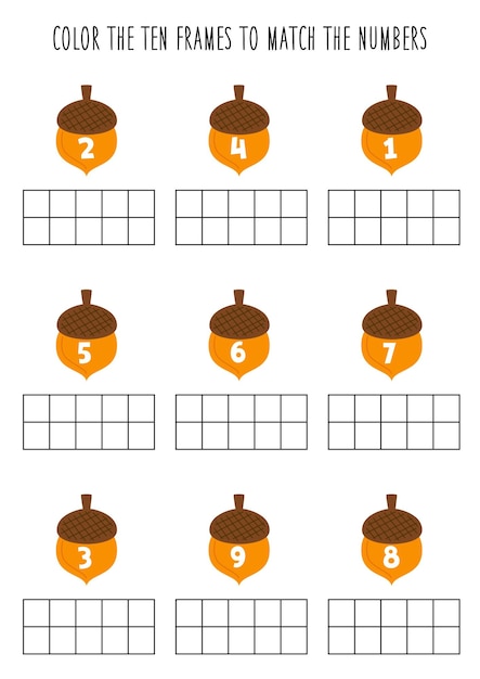 Vector kleur tien frames volgens de cijfers wiskunde werkblad voor kinderen