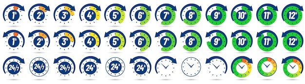 Kleur uur pictogram. timer van 1 tot 12 uur. klok, 24 7 en 24 uur beschikbare pictogrammen instellen.