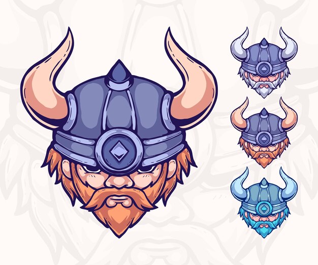 kleur Viking instellen mascotte illustratie vector logo ontwerp, hand getrokken stijl.