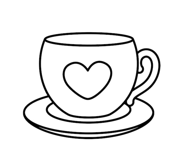 Kleurblad Leuke beker met schotel Zwarte en witte beker met hart Kleur mij Isolated vector illustratie eps 10