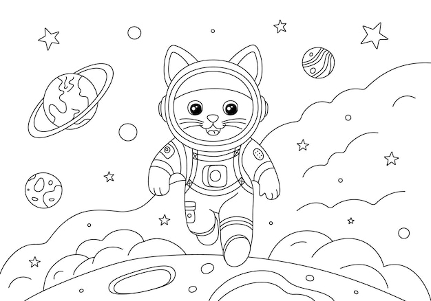 Kleurblad met lopende astronaut kat en planeten in de ruimte