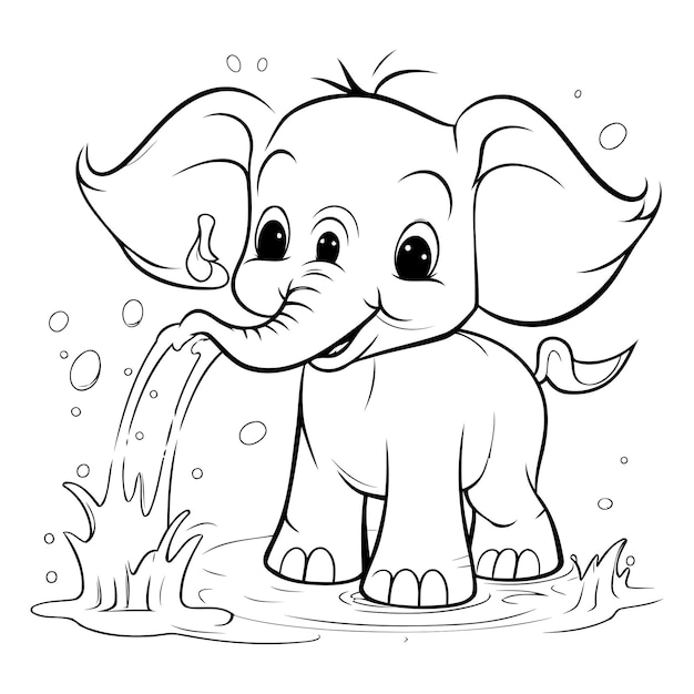 Kleurblad Outline van schattige olifant in het water Vector illustratie