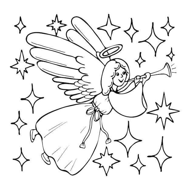 Kleurboek Kerstengel in sterrenhemel Cute stripfiguur Handgetekende lijntekeningen zwart witte illustratie Kleurplaat voor kinderen en volwassenen
