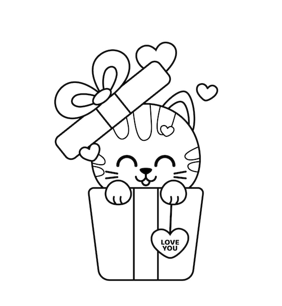 Vector kleurboek kitten in geschenkdoos zwarte en witte kat kleur mij isolated vector illustratie eps