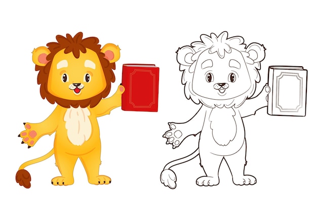 Kleurboek kleine leeuw houdt een boek vast. vector illustratie