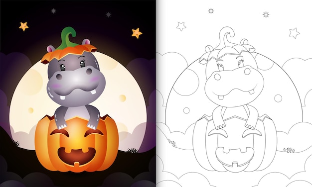 Kleurboek met een schattig nijlpaard in de halloween-pompoen