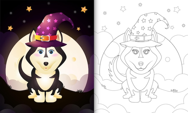 Kleurboek met een schattige cartoon halloween heks husky hond voor de maan