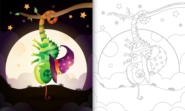 Kleurboek met een schattige cartoon halloween heks kameleon voor de maan